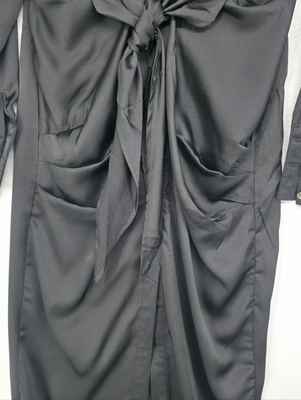 Mable Black Satin Tie Front Shirt Dress Small Midi Front Slit Long Sleeve NWOT - Picture 6 of 12